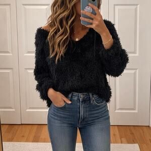 aritzia TNA black furry v neck sweater long sleev